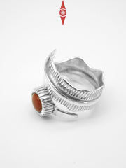 Handcrafted Sterling Silver Adjustable Ring with Red Agate – Banana Leaf Inspired
