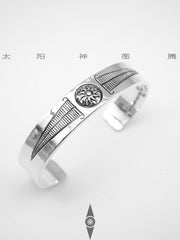Handcrafted Sterling Silver Open Bangle – Sun Totem Design, Adjustable