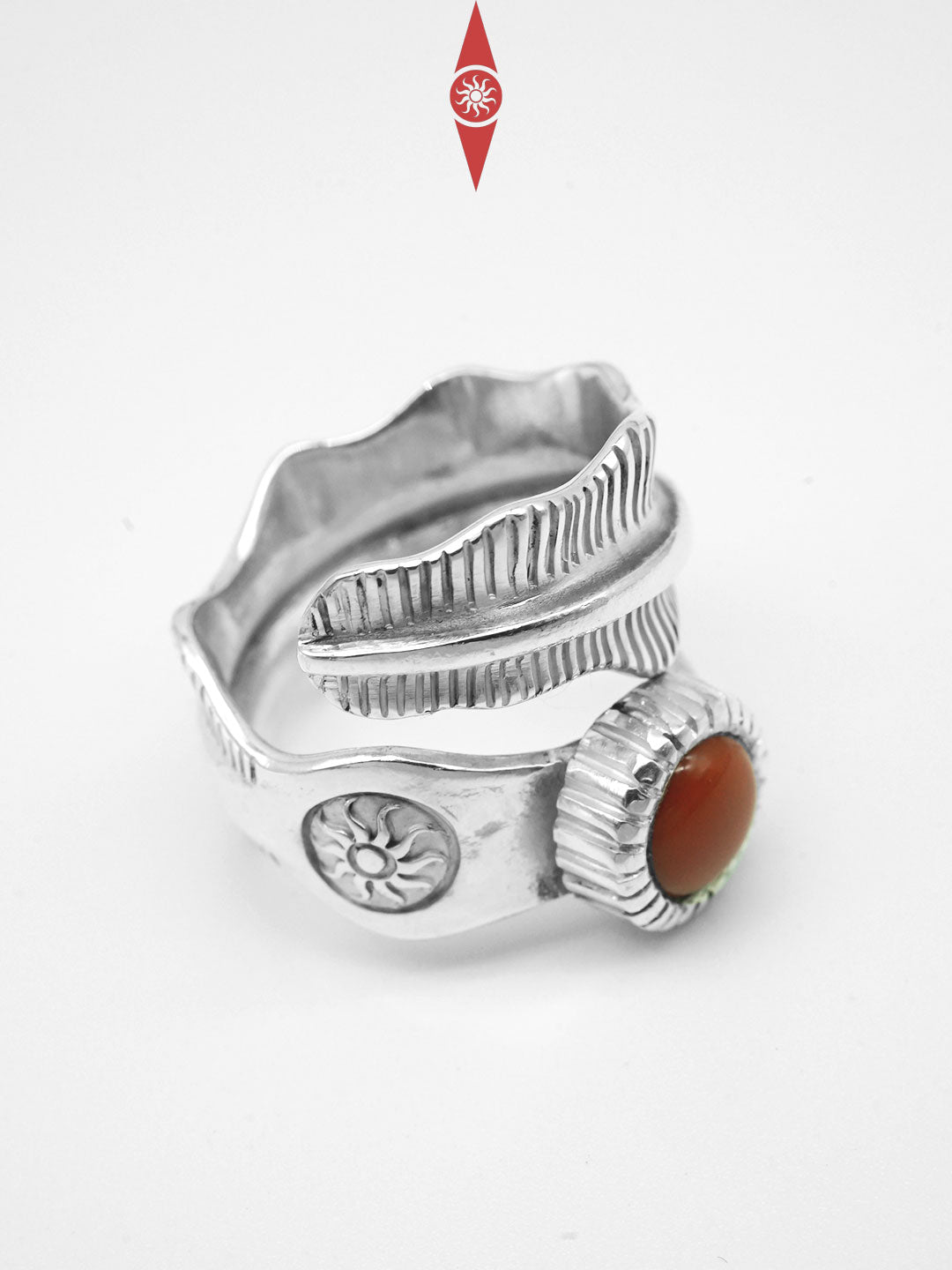 Handcrafted Sterling Silver Adjustable Ring with Red Agate – Banana Leaf Inspired