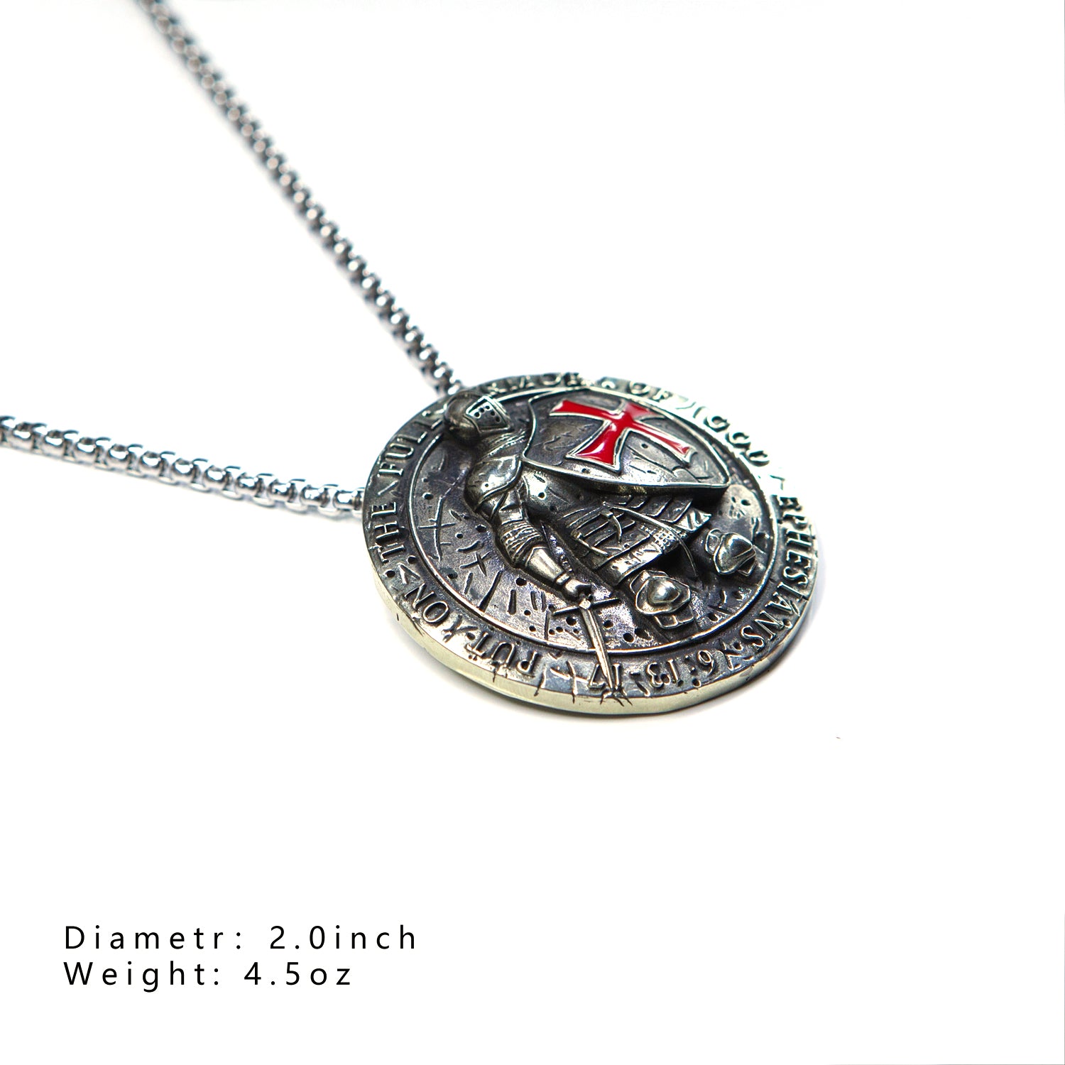 Templar Knight Pendant Necklace – Crusader Cross Shield | 2.0 inch | White Brass | Heavyweight Medieval Armor Coin