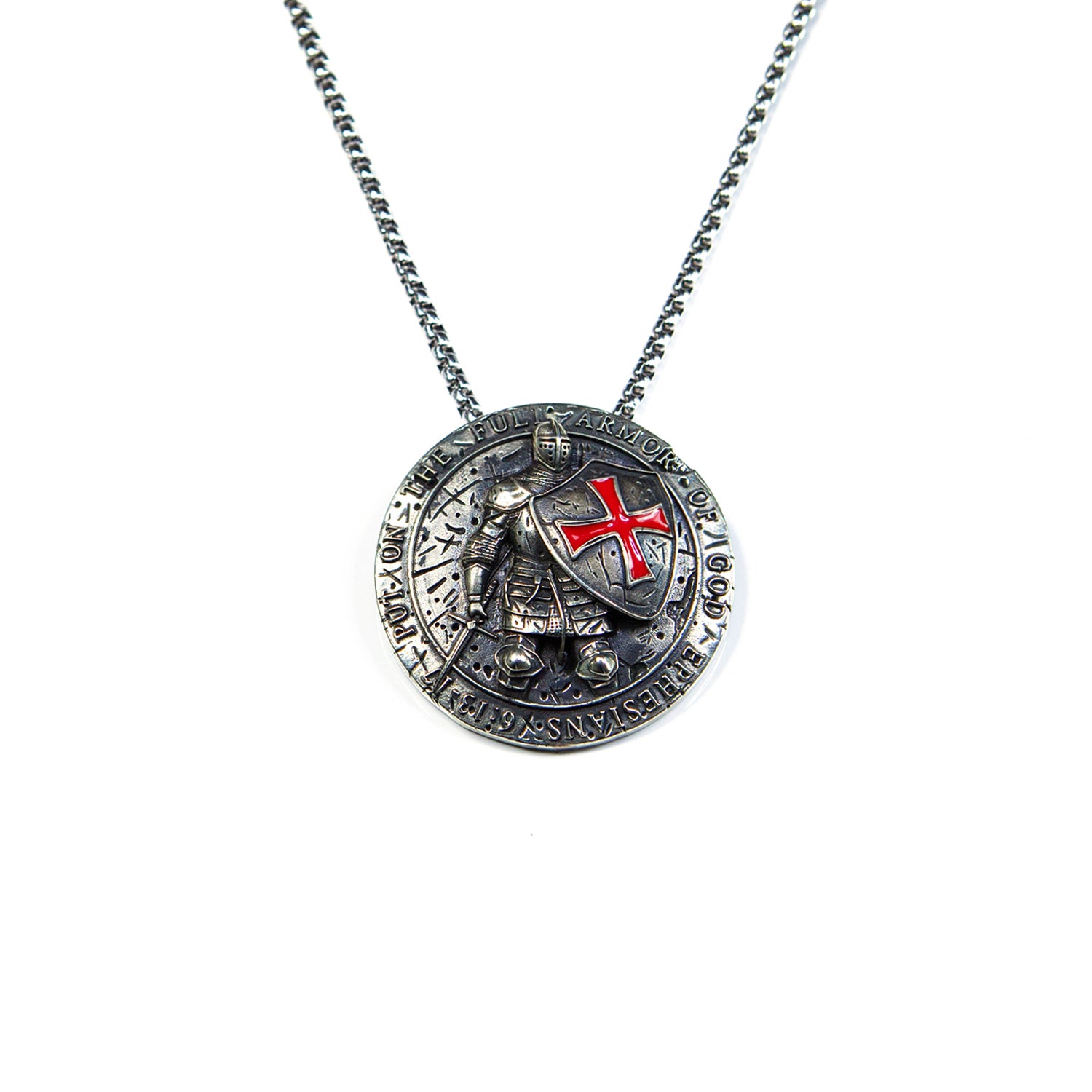 Templar Knight Pendant Necklace – Crusader Cross Shield | 2.0 inch | White Brass | Heavyweight Medieval Armor Coin